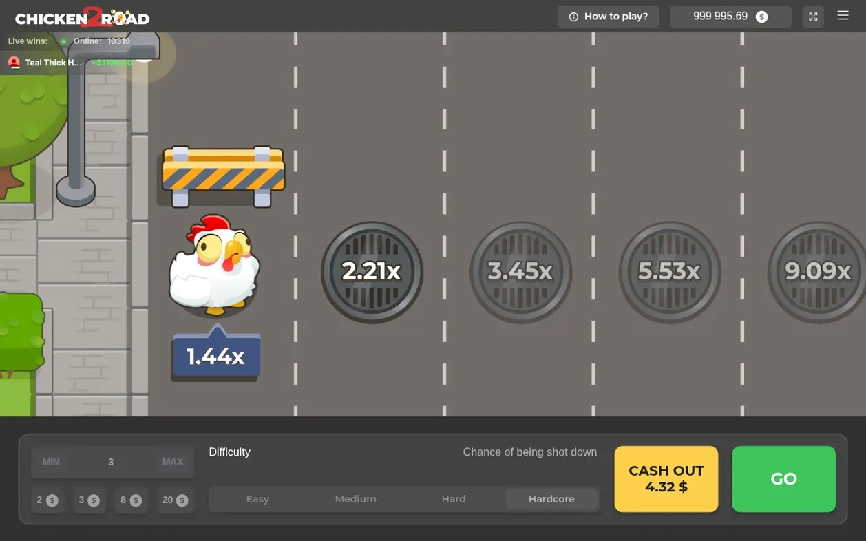 Hardcore round active: chicken past a barrier, 1.44x plaque shown, CASH OUT button reads 4.32 $