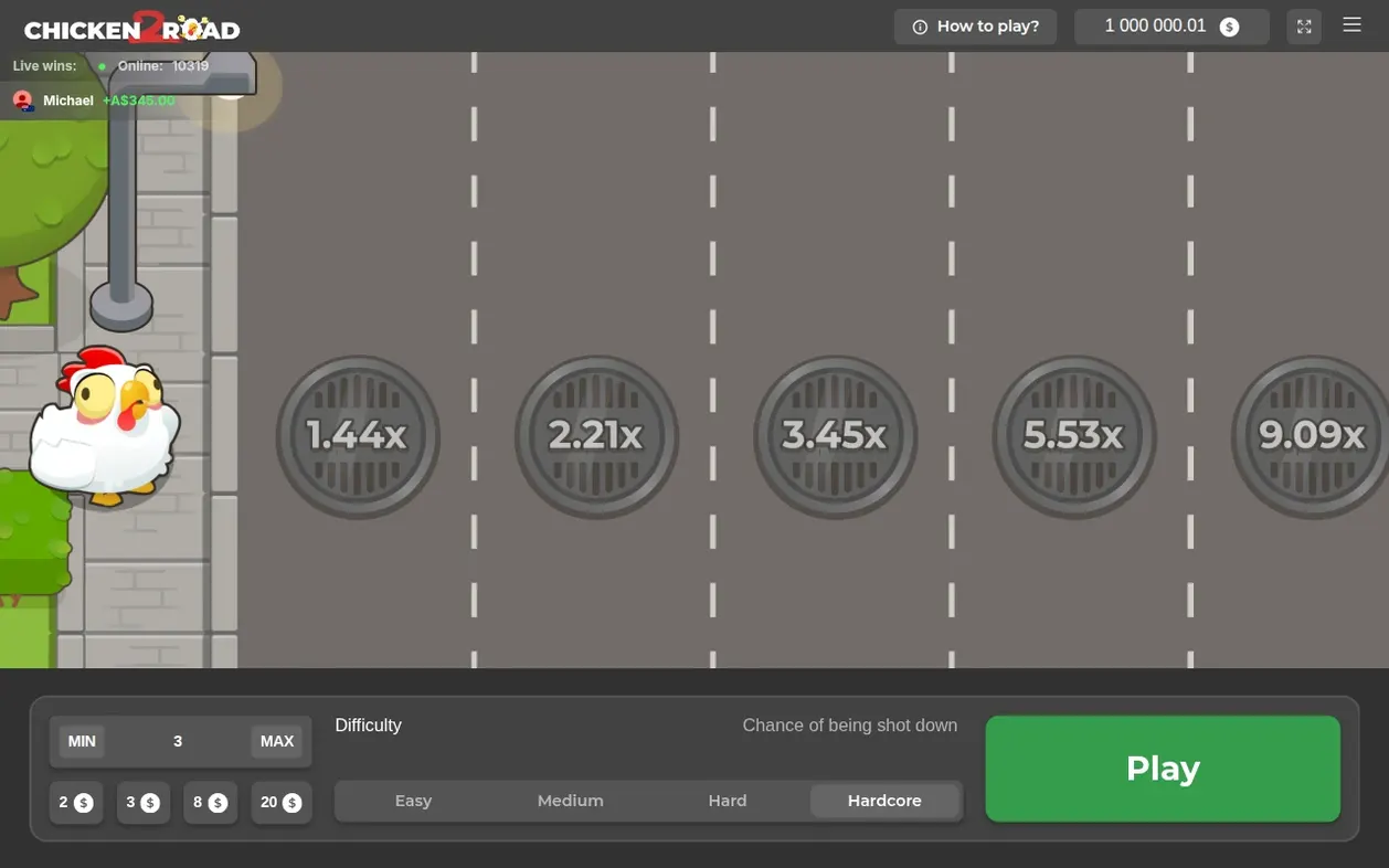 Hardcore idle screen with chicken on sidewalk facing lanes marked 1.44x through 9.09x before Play