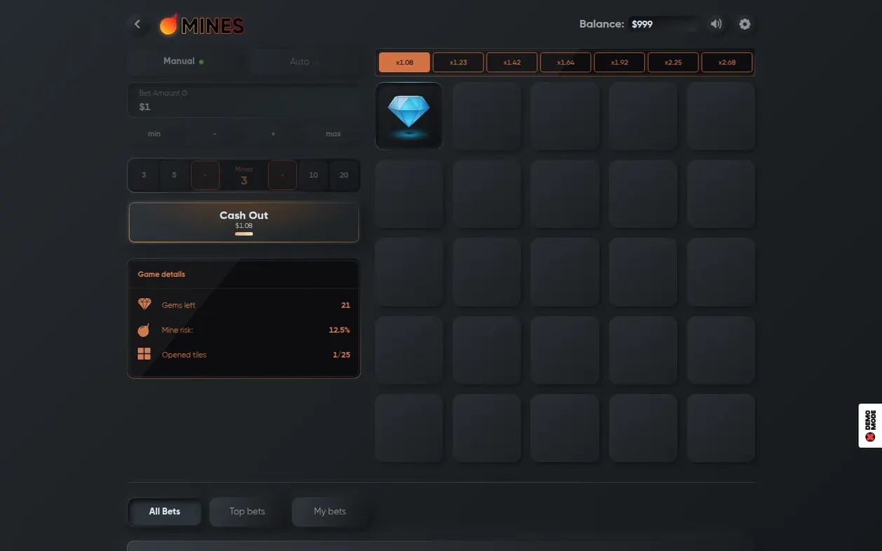 One diamond revealed on a 3-mine grid, Cash Out offers $1.08, mine risk 12.5%, 1 of 25 tiles opened.
