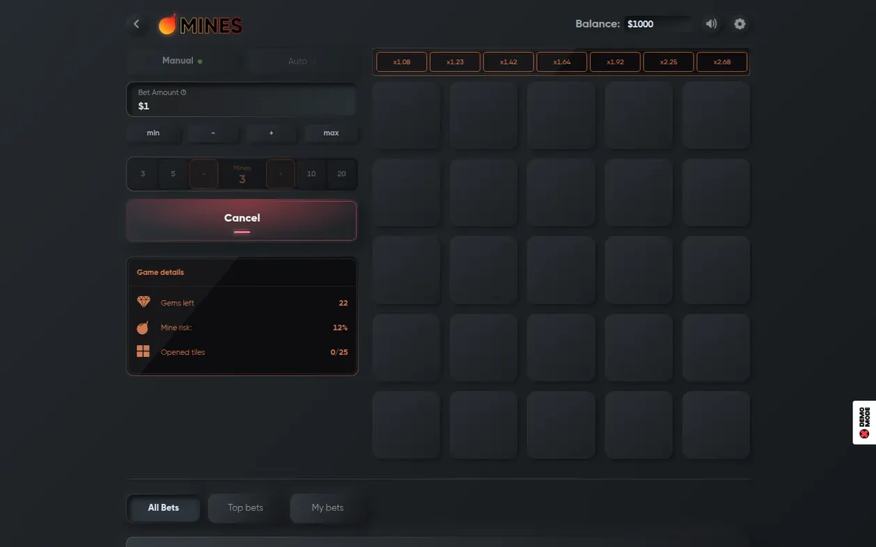 Bet panel shows Cancel active, 3 mines chosen, ladder x1.08 to x2.68, 25 tiles still hidden.