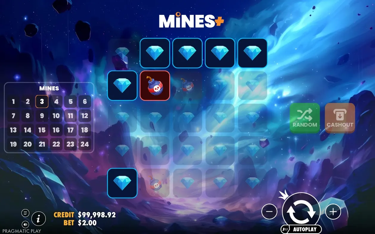 Mines+ round ends as a bomb tile glows red among revealed diamonds, mines set to 3, credit $99,998.92