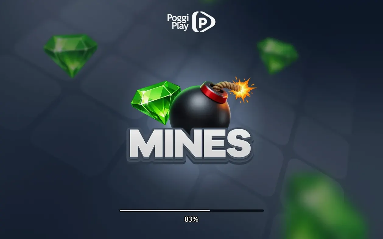 Mines loading screen with bomb and lit fuse beside a green gem, PoggiPlay logo, progress bar at 83%