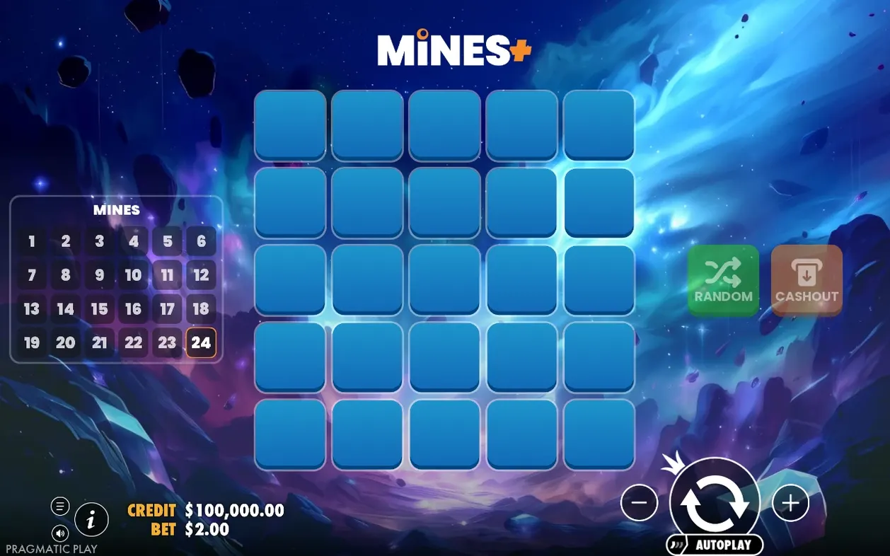 Idle Mines+ grid with mines set to 24 and all 25 tiles unopened, credit balance $100,000.00